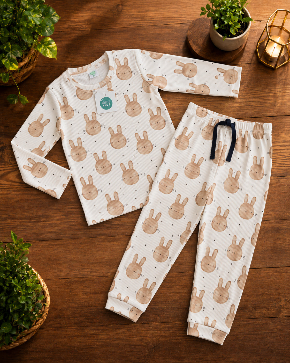 Premium  Ribbed Full  sleeves Tshirt with Pant ( Cream Cat Face)