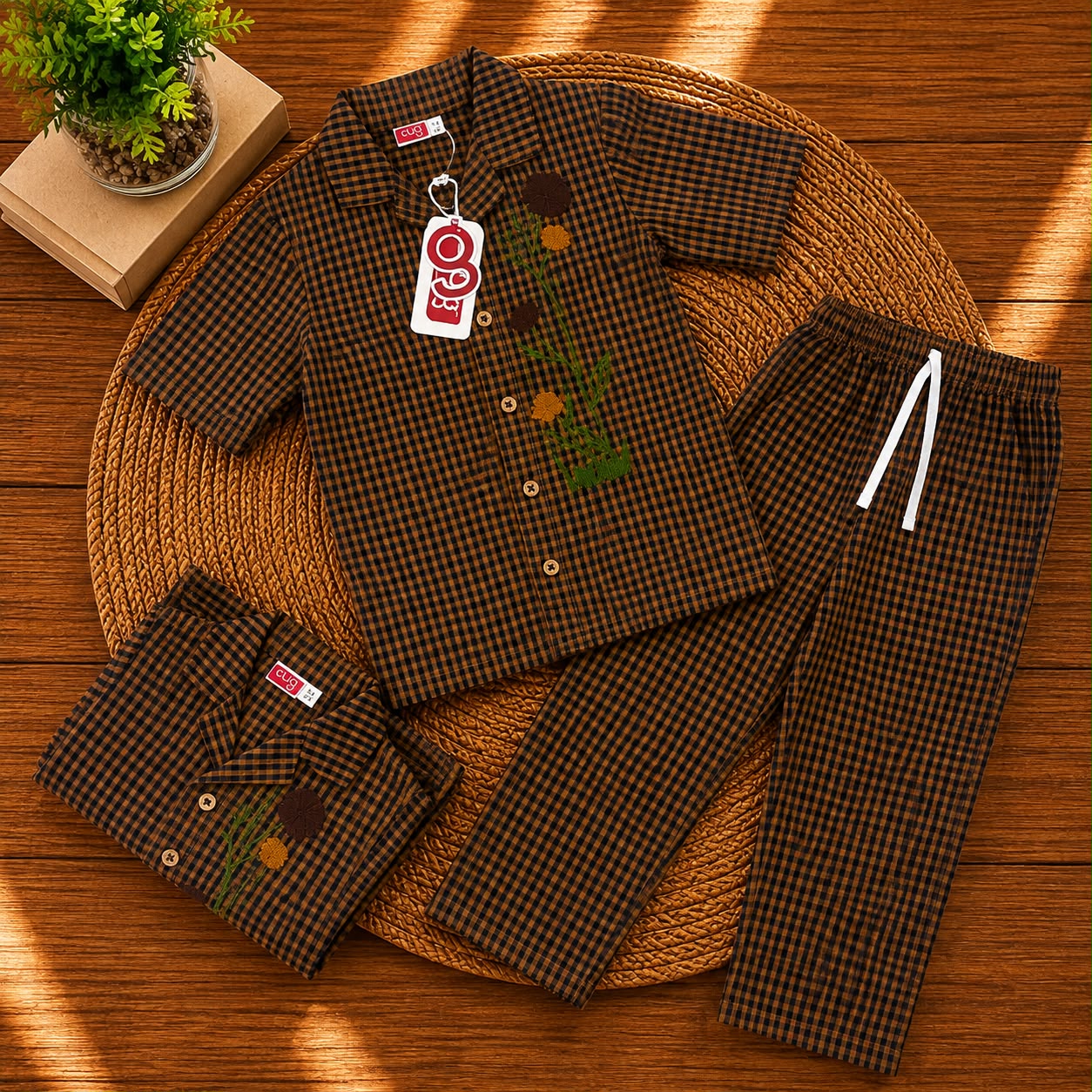 Airport - Kids Muslin Embroidery Co-ord Set – Collar Shirt & Pant (Brown Checked)