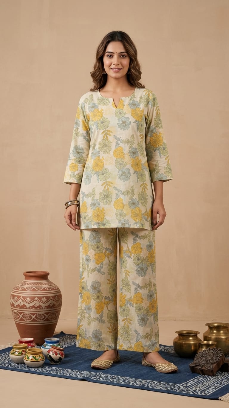 Cambric Cotton Printed Plazzo  Co-ord Sets (2 piece Sets) (Cream Pista Yellow Flower)