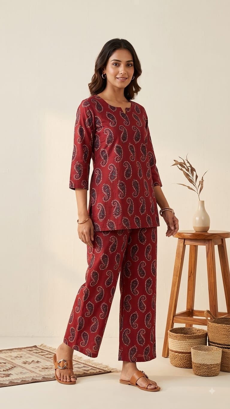 Cambric Cotton Printed Plazzo  Co-ord Sets (2 piece Sets) (Maroon & Sand Design )