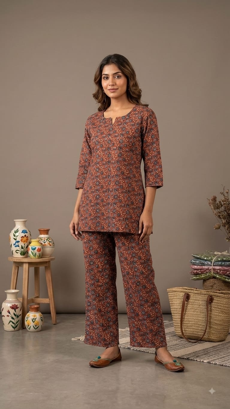 Cambric Cotton Printed Plazzo  Co-ord Sets (2 piece Sets) (Marron Black & Leaf)