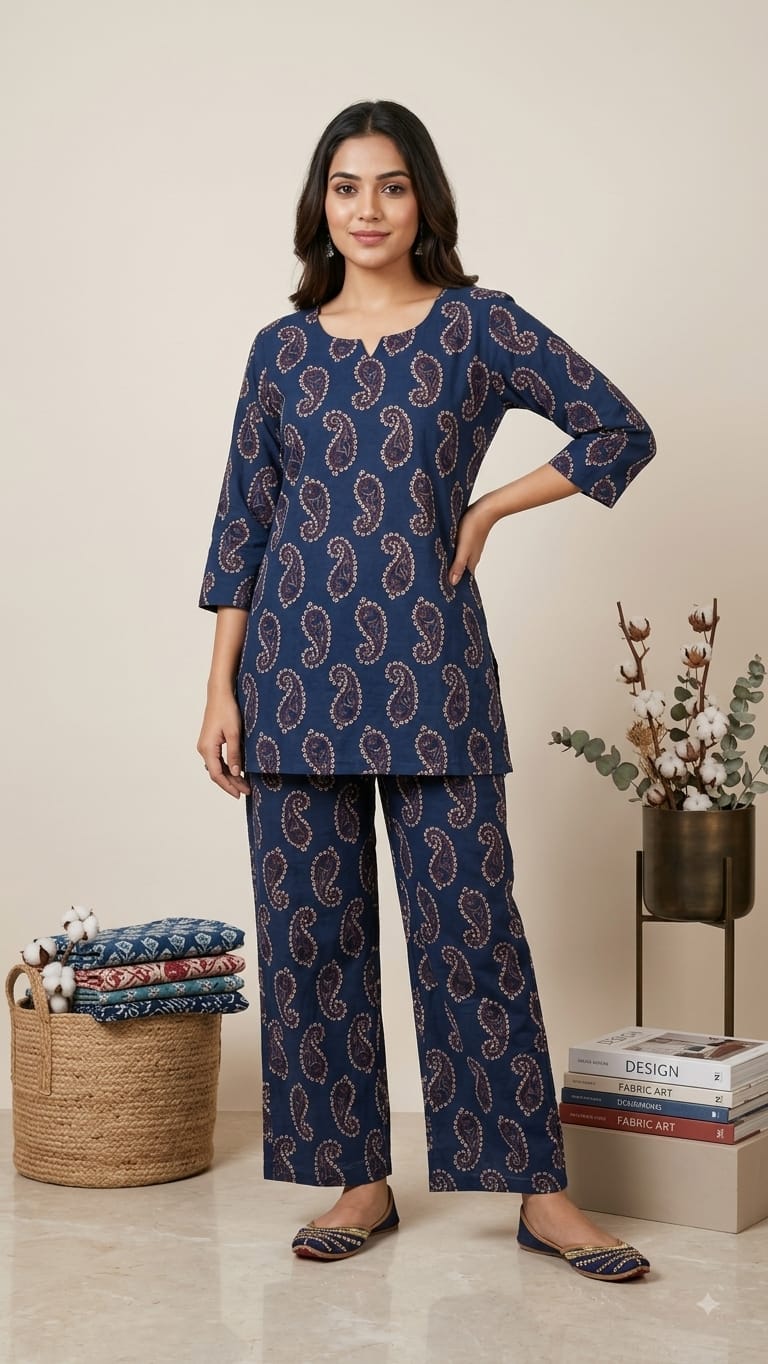 Cambric Cotton Printed Plazzo  Co-ord Sets (2 piece Sets) (Navy Maroon  Design )