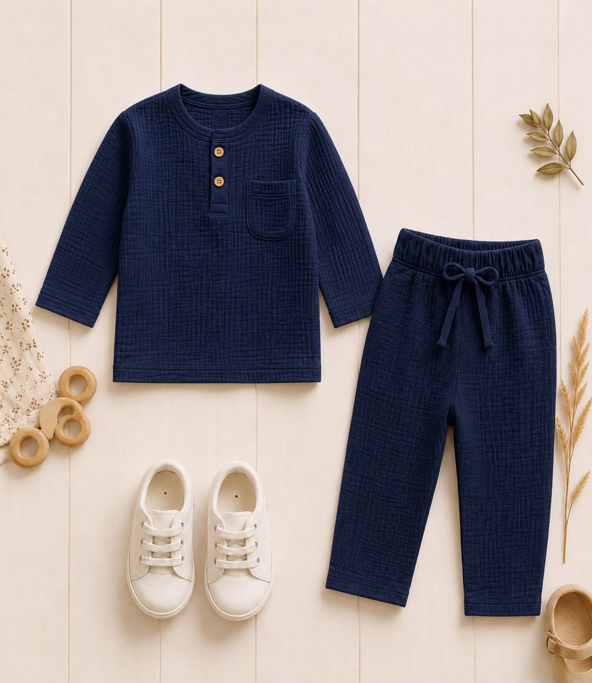 Airport - Kids Muslin Double Gauze Full-Pant Set (Navy Blue)