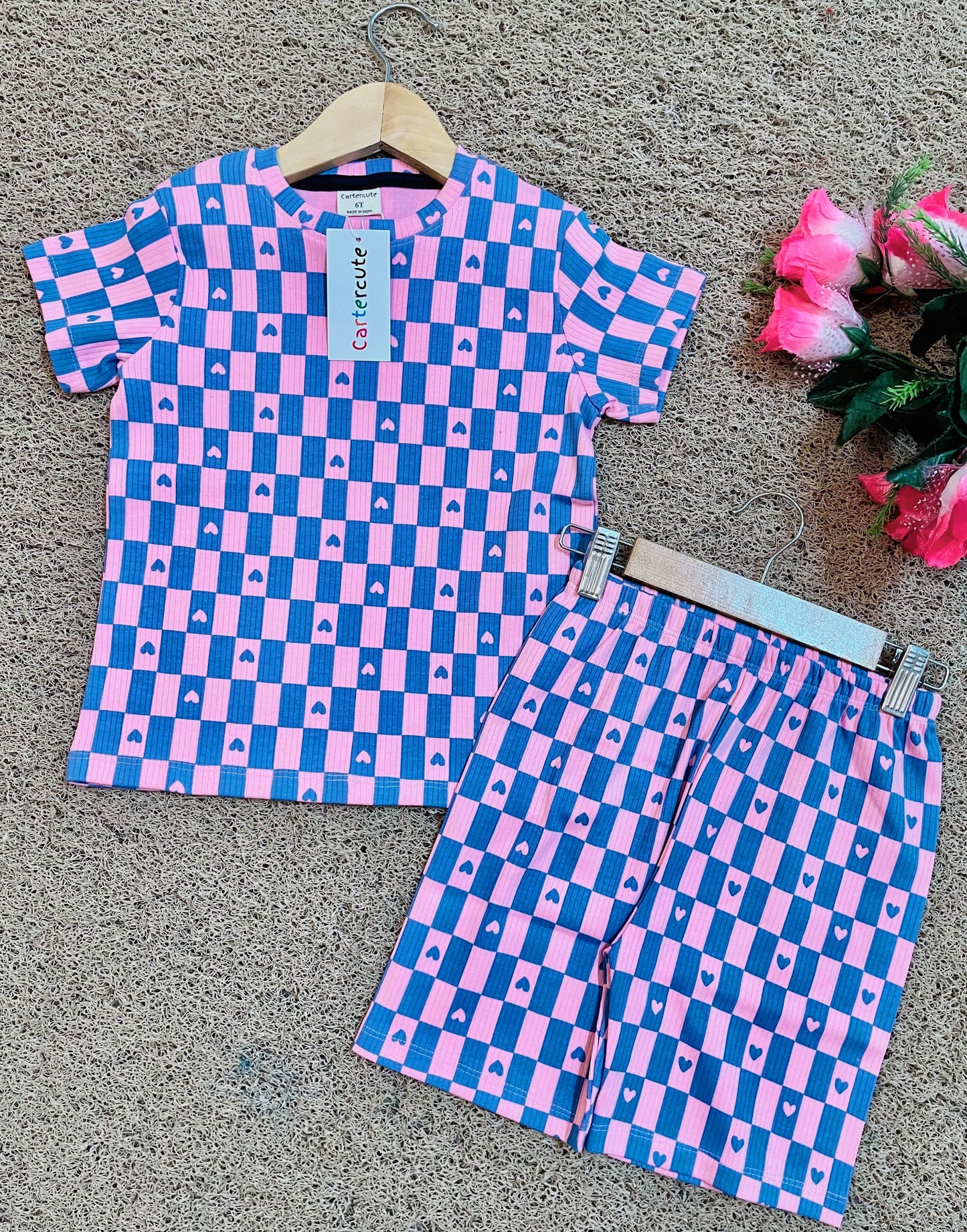 Shorts Sleeves Tshirt with Shorts Sets (Blue & Pink Checked) - sanright