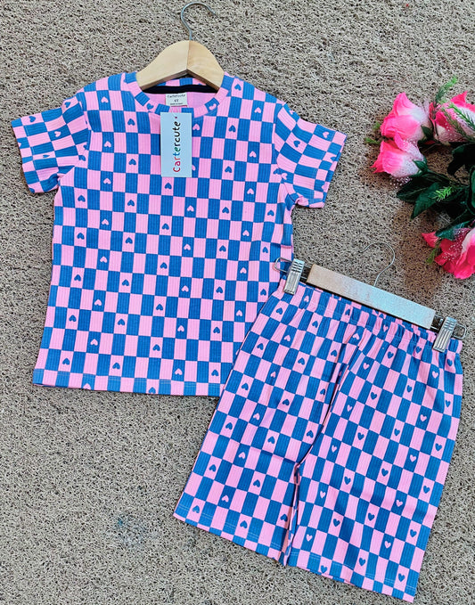 Shorts Sleeves Tshirt with Shorts Sets (Blue & Pink Checked) - sanright