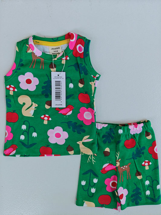 Premium Sleevelesss Tshirt with Shorts Sets (Green Flower) - sanright