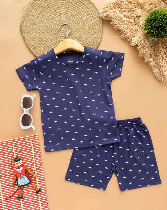 Shorts Sleeves Tshirt with Shorts Sets (Navy Small Fish)