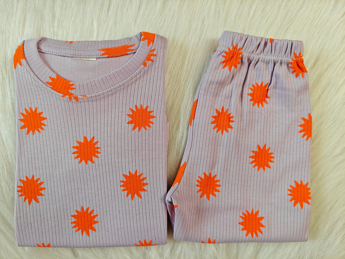 Premium RIBBED Shorts sleeves Tshirt with Pant (Lavender with orange Sun)