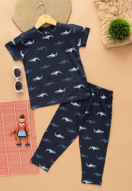 Half Sleeves Pajama Set (Blue Big Fishh)