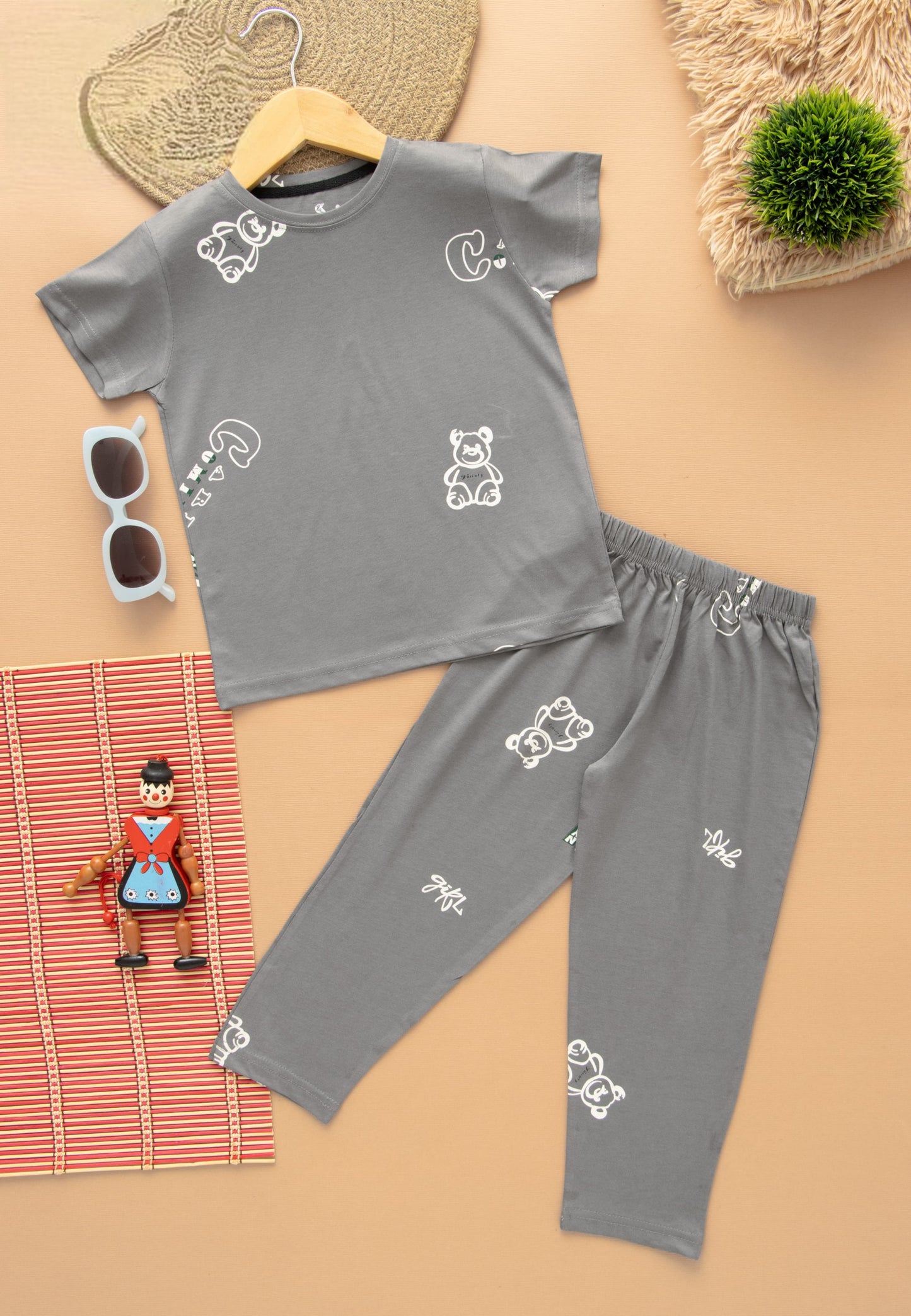 Half Sleeves Pajama Set (Greyish Panda)
