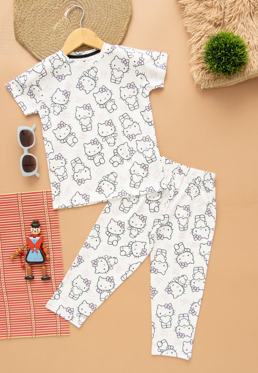 Half Sleeves Pajama Set (White Kitty)