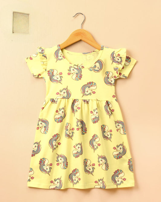 Half Sleeves Frill Frocks (Yellow Unicorn)