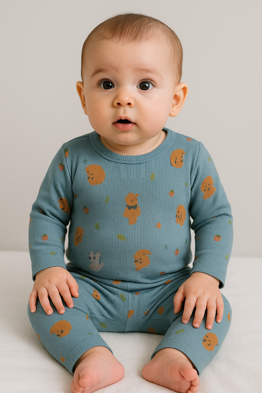 Premium Full sleeves Ribbed Tshirt with Pant (SkyBlue Animals)