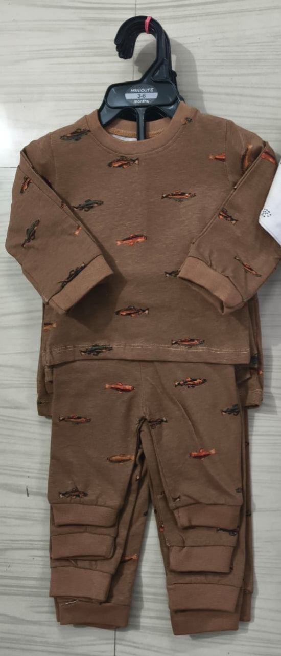 Premium Full sleeves Cotton Tshirt with Pant (Brown Fish)