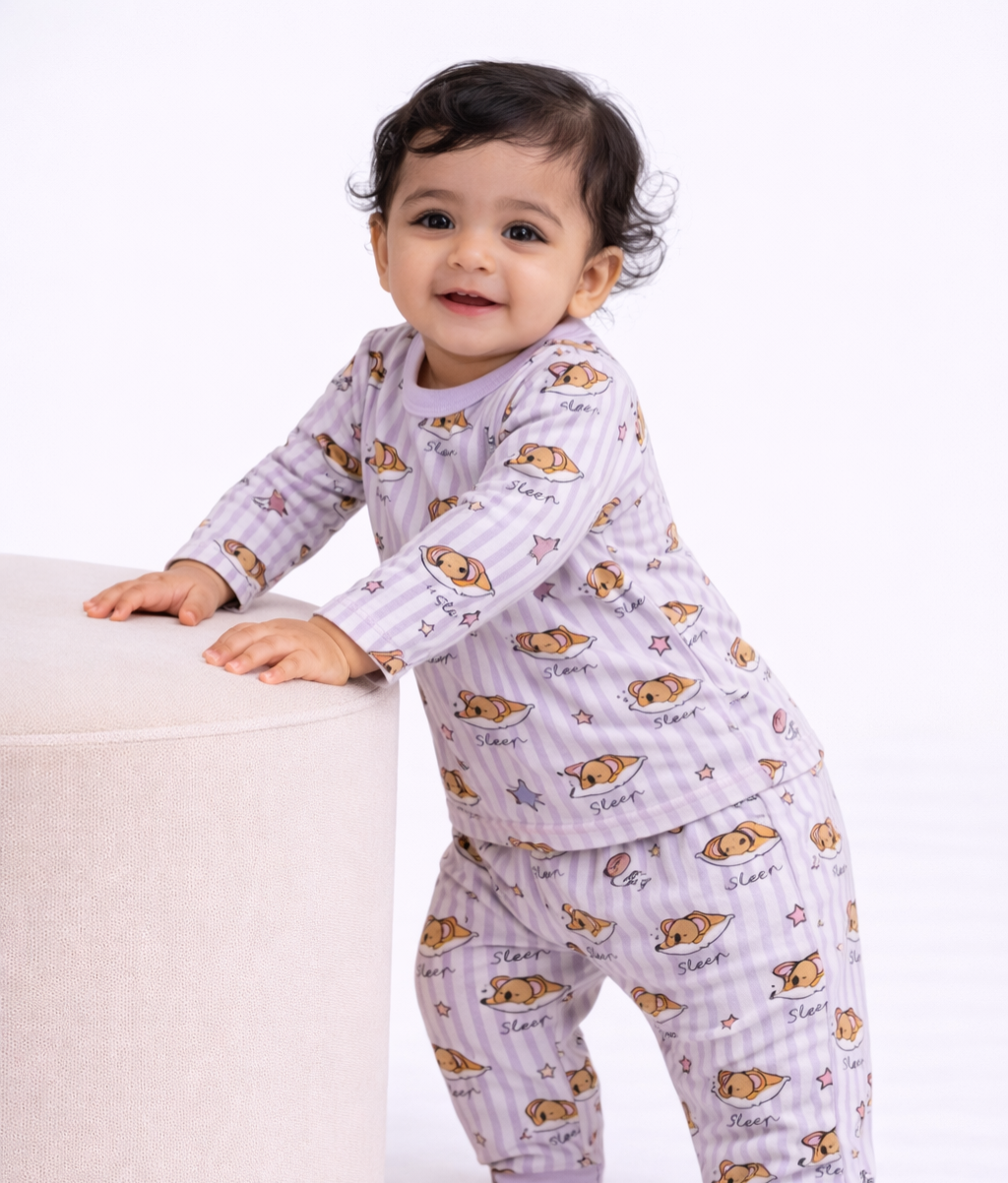 Premium Full sleeves Tshirt with Pant (Sleeping Bear with purple Striped))
