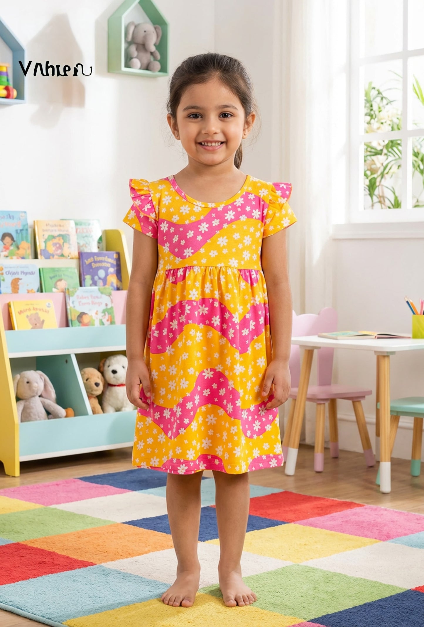 Half Sleeves Frill Frocks (yellow & pink waves)