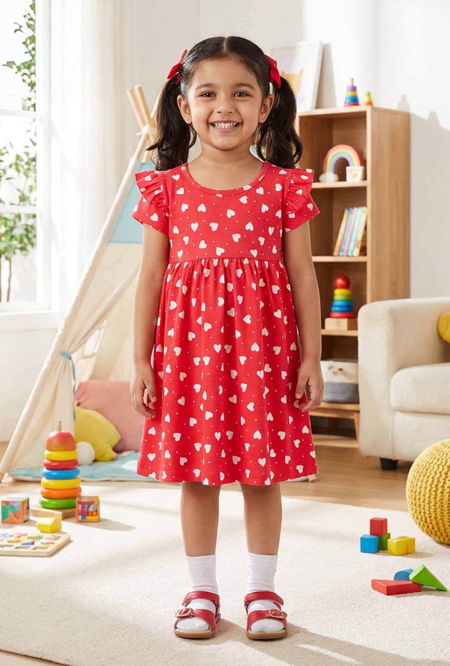 Half Sleeves Frill Frocks (red hearts❤)