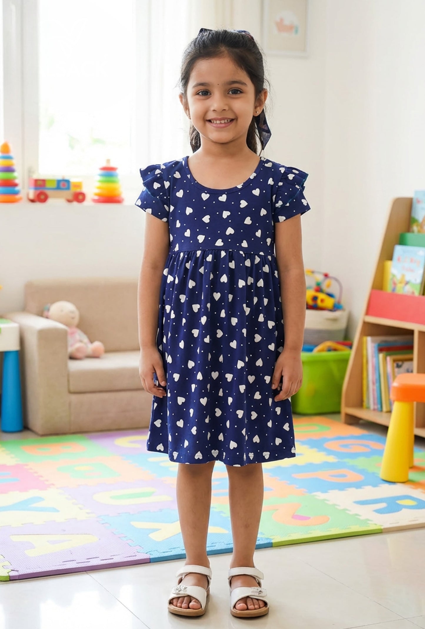 Half Sleeves Frill Frocks ( Navy blue hearts)