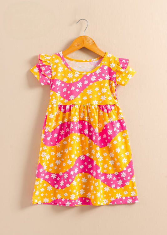 Half Sleeves Frill Frocks (yellow & pink waves)