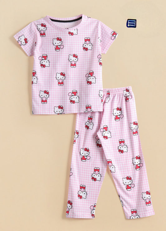 Premium Half Sleeves Pajama Set (Pink Kitty Checks)