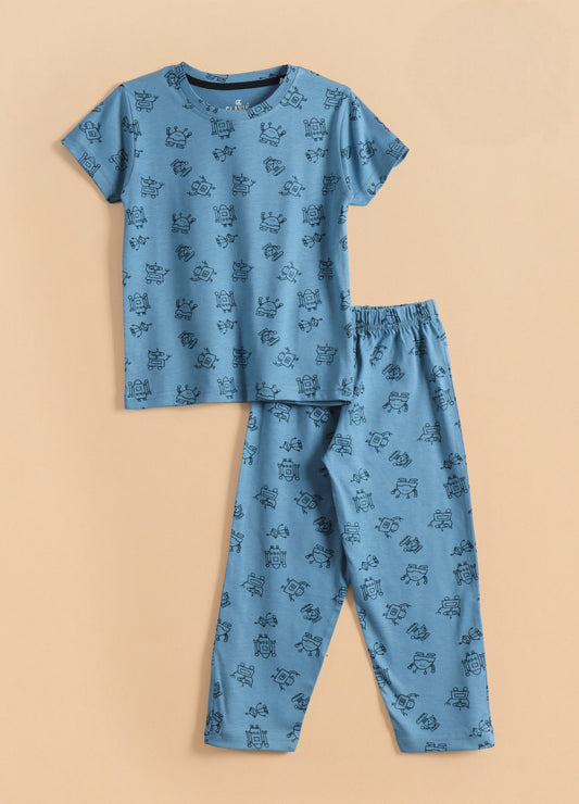 Premium Half Sleeves Pajama Set (Blue ROBOTS)