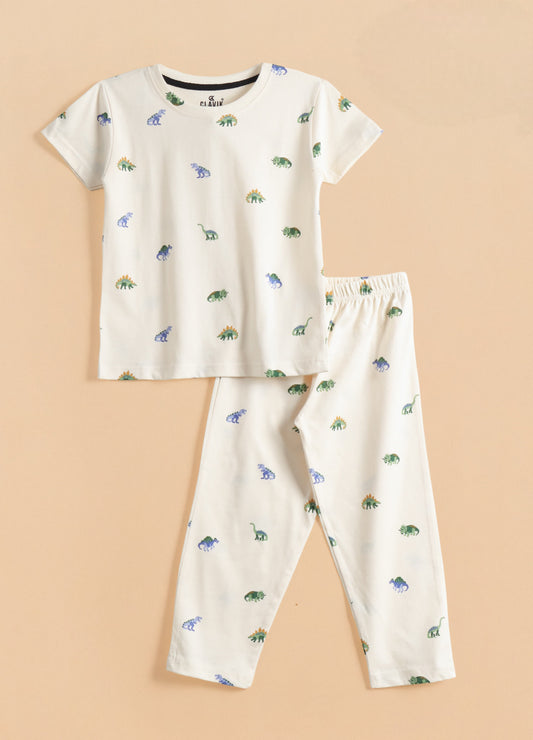 Premium Half Sleeves Pajama Set (Cream Kutty Dinos)