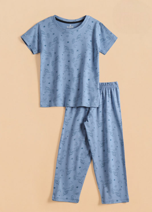 Premium Half Sleeves Pajama Set (Blue Unicorns)