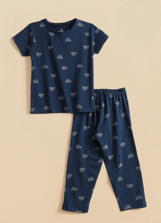 Premium Half Sleeves Pajama Set (Navy Blue Tractor)