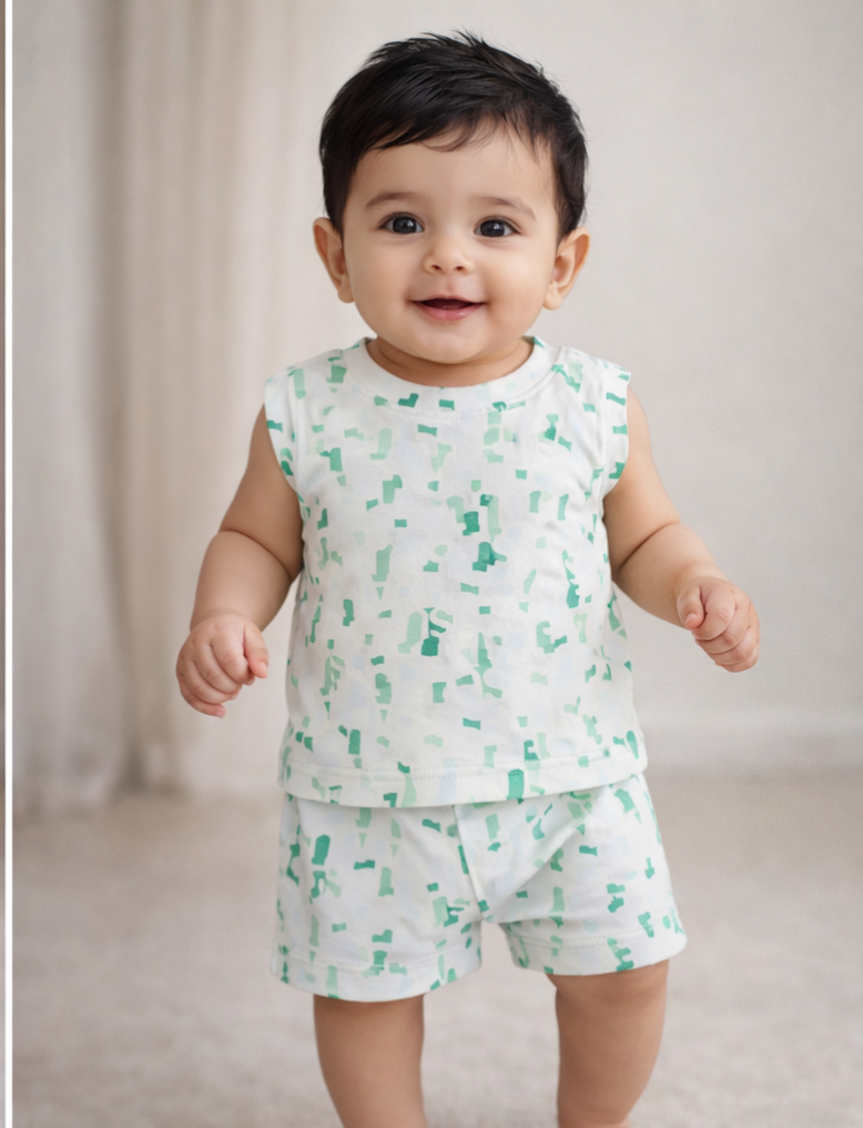 Infant Cotton Sleeveless Co-ord Set | Baby T-shirt & Shorts Set (Light Green )