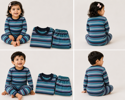 Soft Cotton Full sleeves Tshirt with Pant (Teal Pink Stripes)