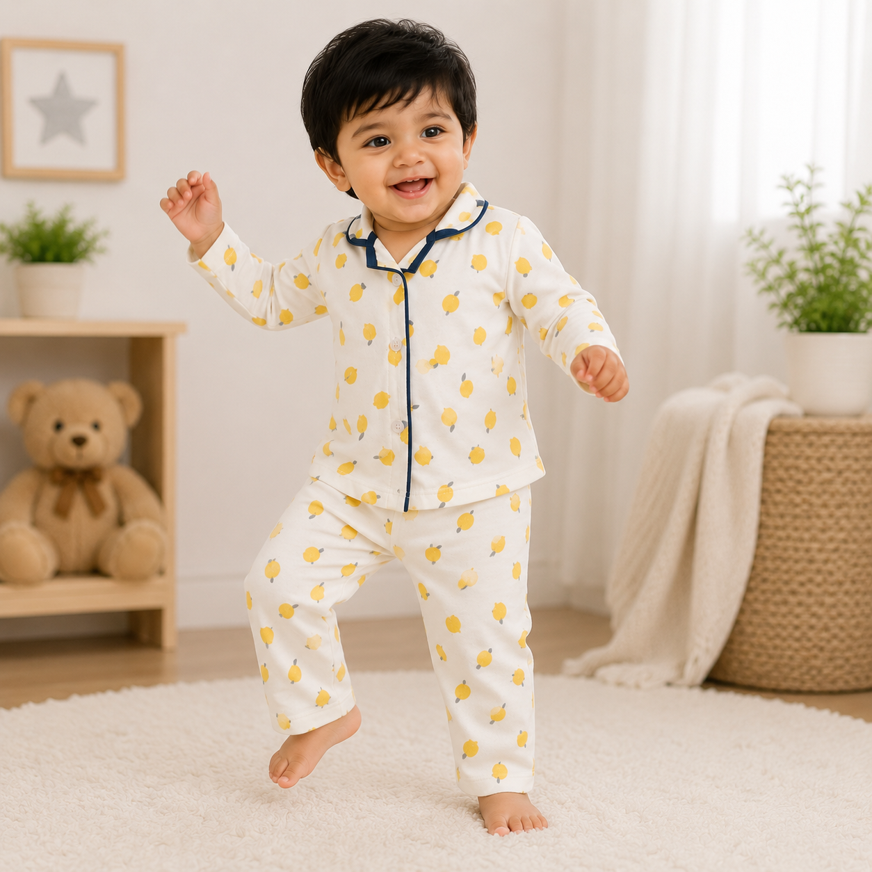 Premium Cotton Collar Full Sleeves Night Suit Set for Kids | Boys & Girls Sleepwear - Cream Lemon