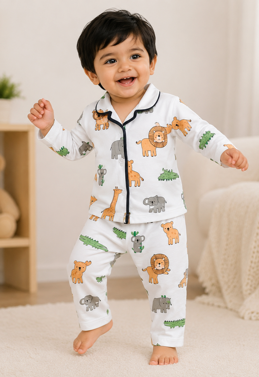 Premium Cotton Collar Full Sleeves Night Suit Set for Kids | Boys & Girls Sleepwear -  White Animals