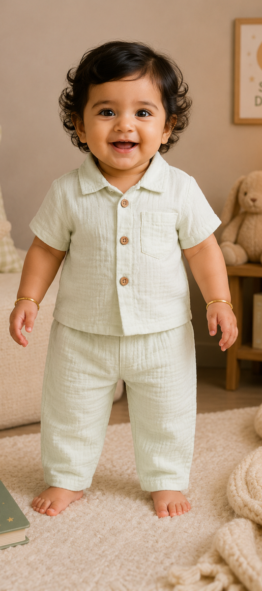 Premium Muslin Collar Co-ord Set – Shirt & Pant (Very Light Green) | 0-4 Yrs (Copy)