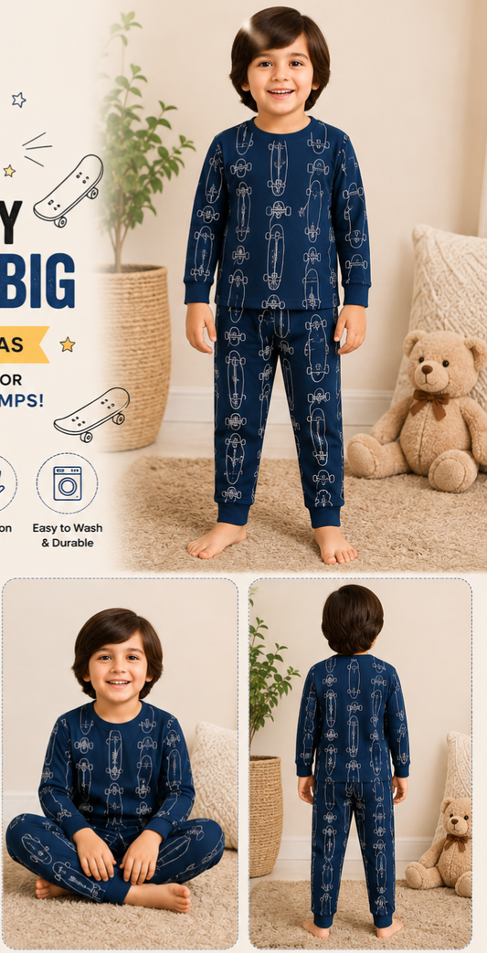 (Babyhug) - Premium Full sleeves Tshirt with Pant (Navy Skating)