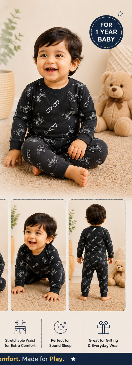 (Babyhug) - Premium Full sleeves Tshirt with Pant (Navy Games) (Yr)