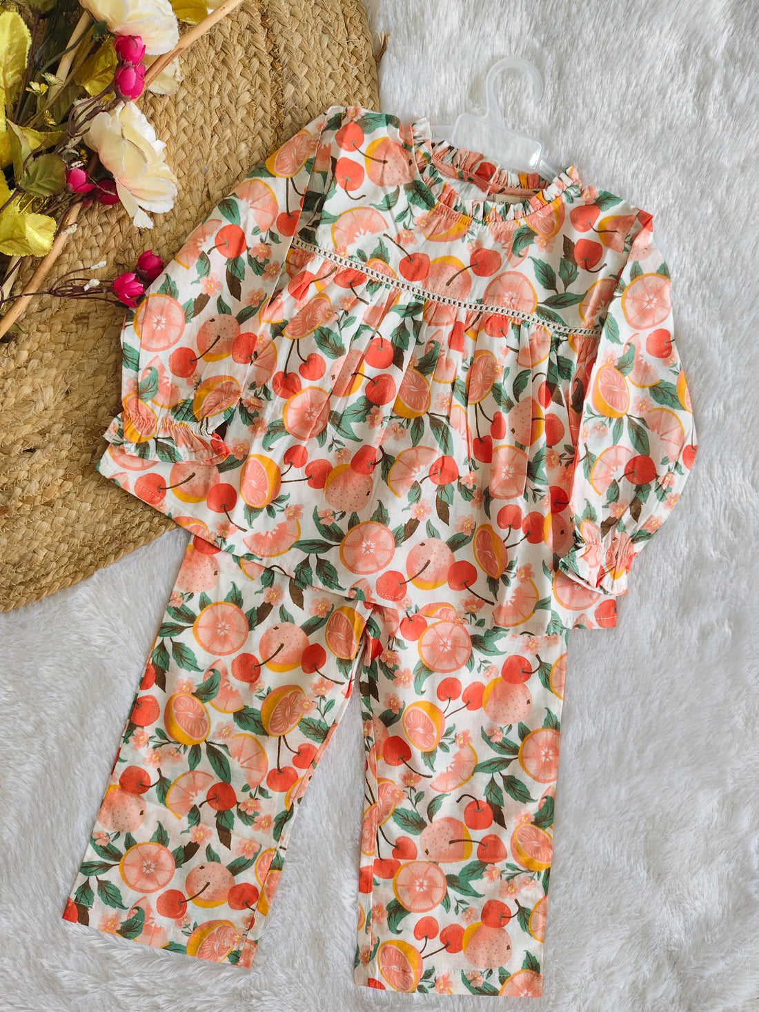 Girls Festive Cotton Printed Peter Pan Collar Co-ord Set (CR001)(Fruits Slices)