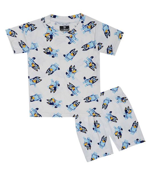 Shorts Sleeves Tshirt with Shorts Sets (White Bluey) - sanright