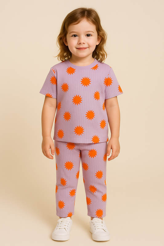 Premium RIBBED Shorts sleeves Tshirt with Pant (Lavender with orange Sun)