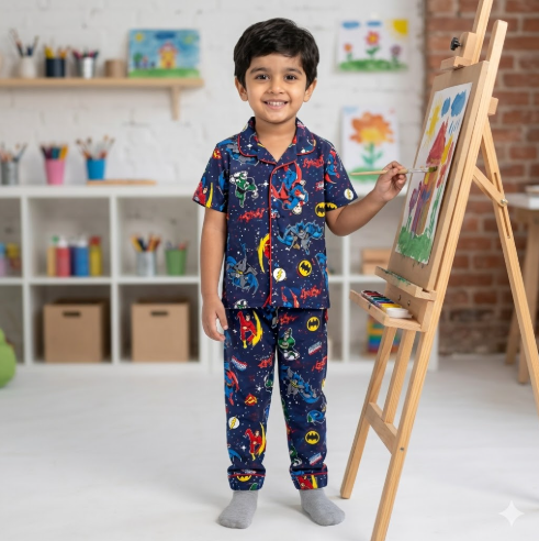 Kids Collar Night Suit Set (Navy Blue Star )