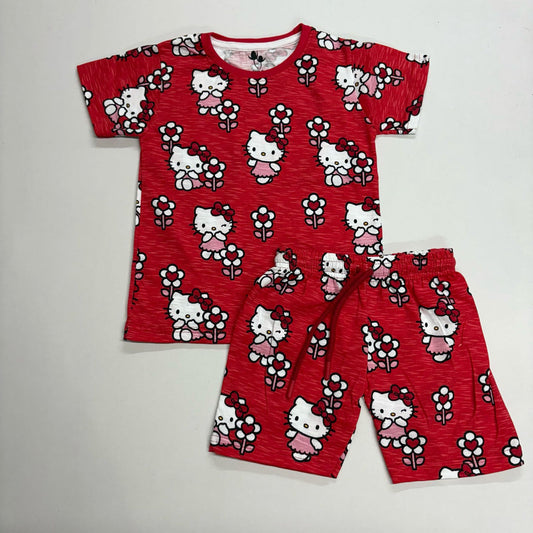 Shorts Sleeves Tshirt with Shorts Sets (Red Kitty) - sanright