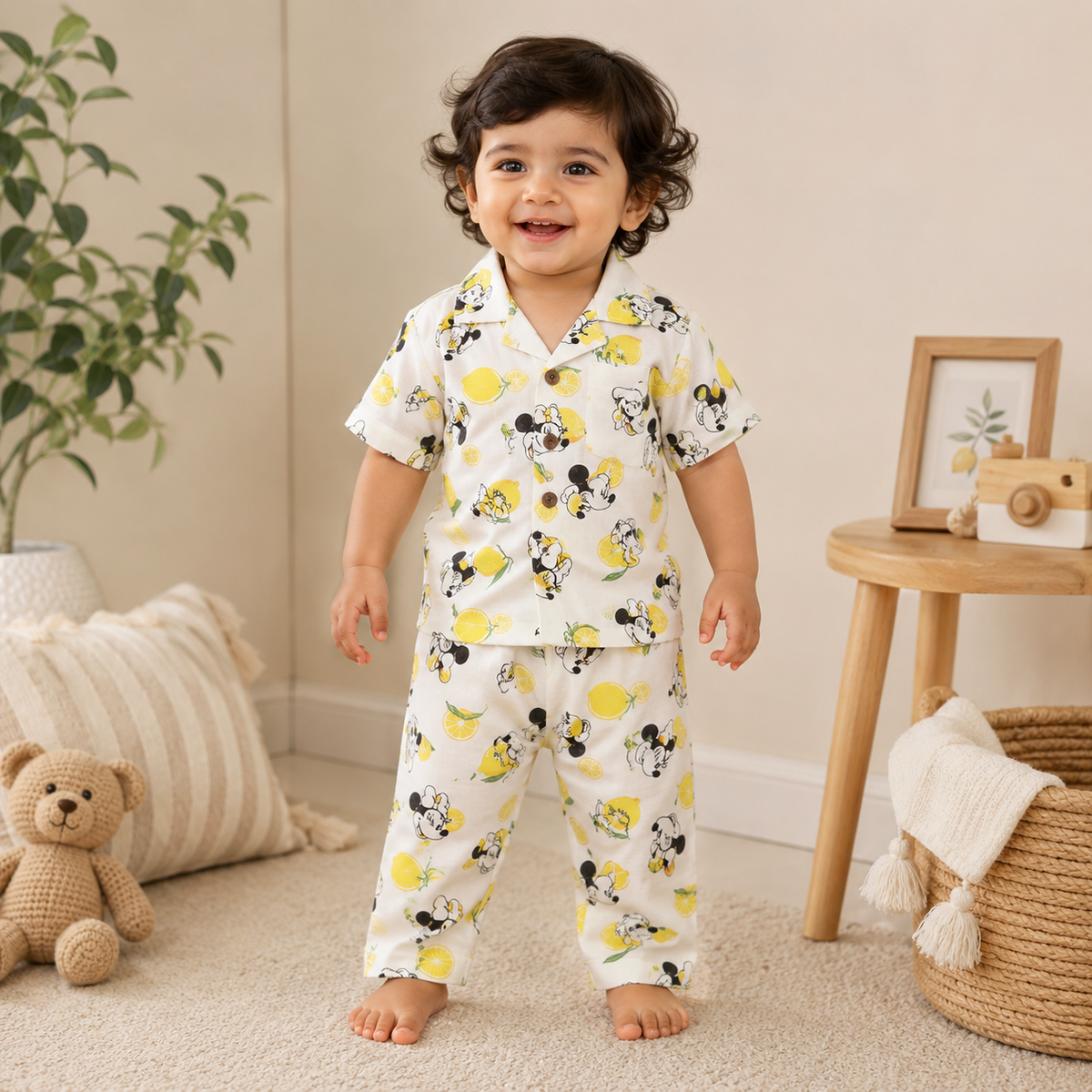 Airport - Kids Muslin Printed Co-ord Set – Collar Shirt & Pant (Micky And Lemon)