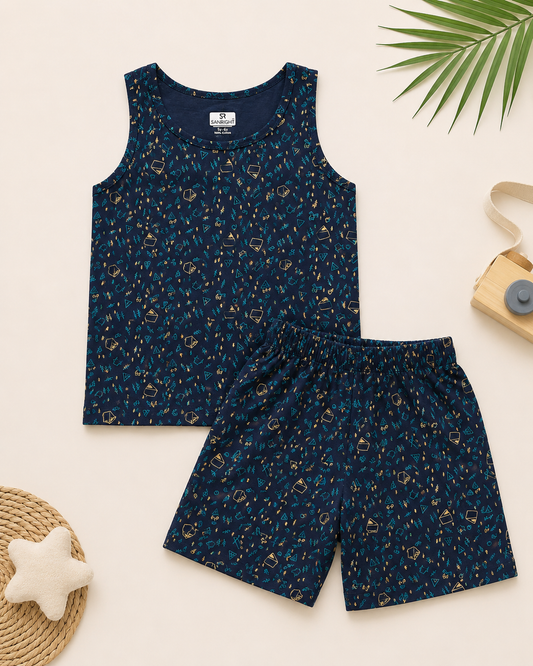 Sleeveless Shorts Sets(Blue Sand Small Trees)