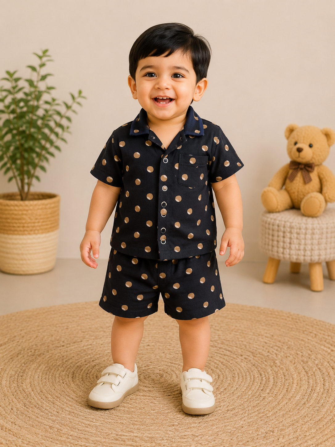 (M009) - Airport - Kids Co-ord Set – Front Open Collar Shirt & Shorts (Black Circle)