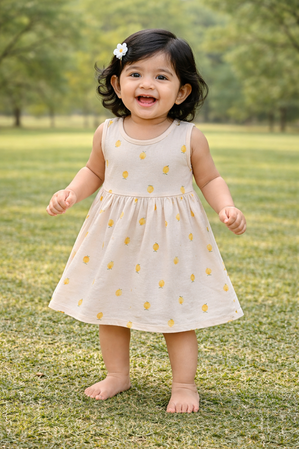 Sleeveless Cotton Frocks ( Cream Lemon)