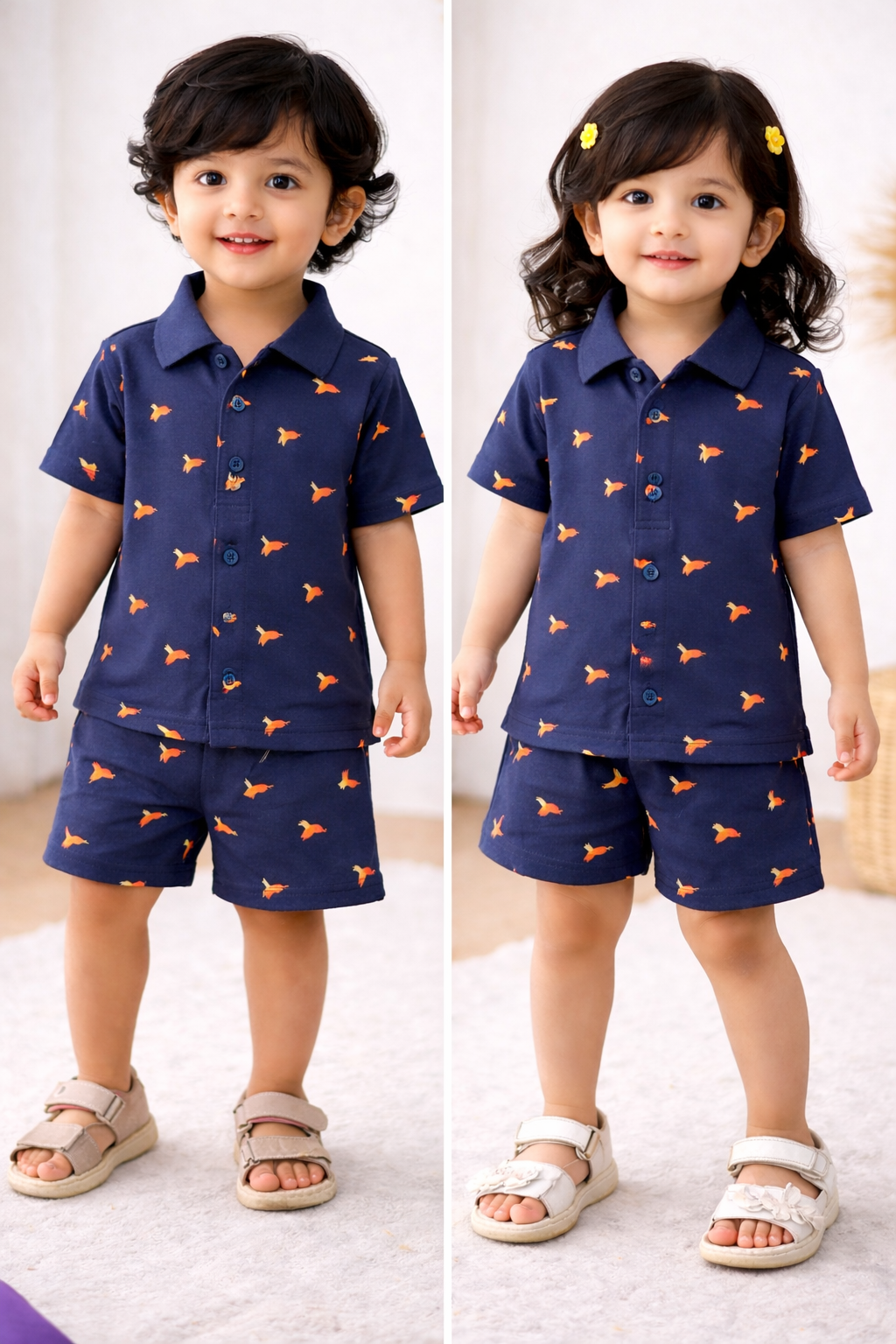 POLO Front open Tshirt with Shorts Sets (Navy Bird))