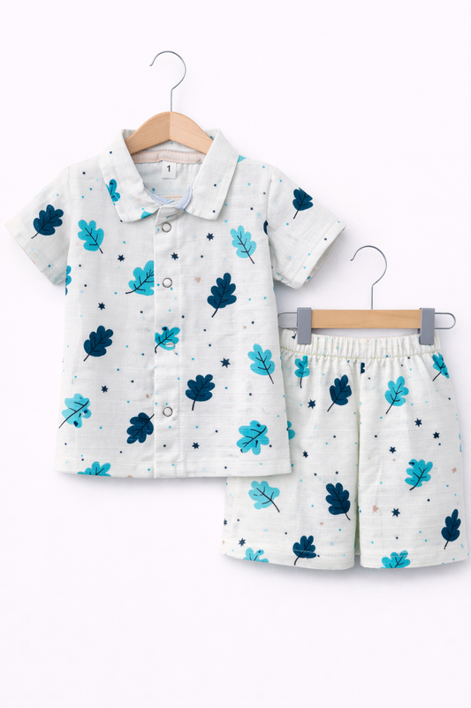 Airport - Kids Muslin Co-ord Set – Front Open Collar Shirt & Shorts (Light blue Leaf)