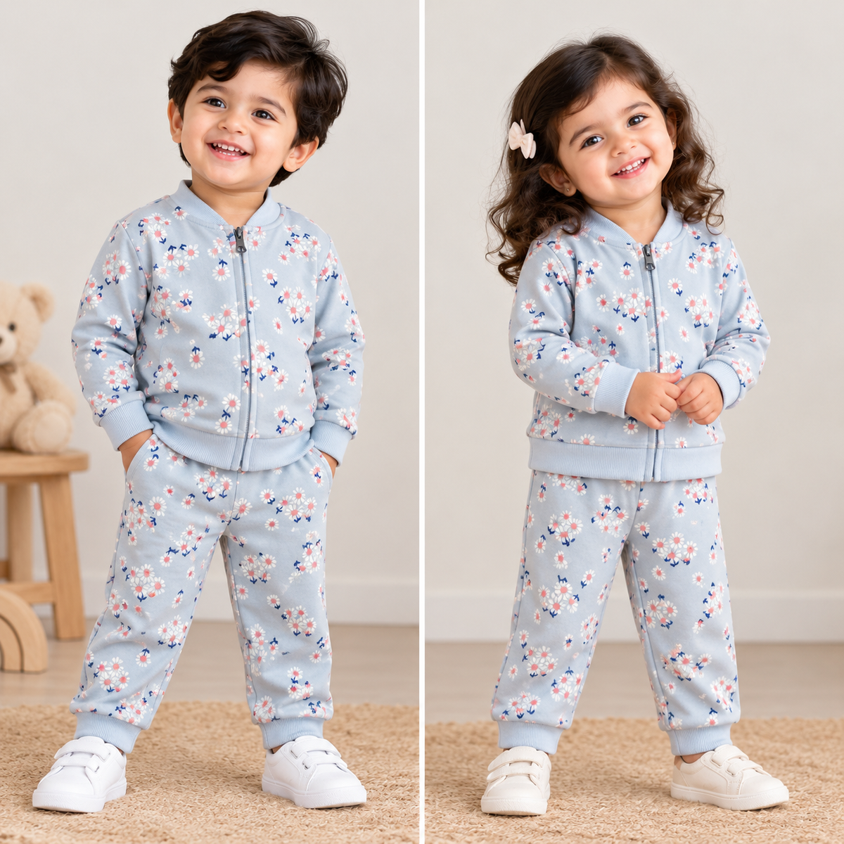 Kids Loopknit Winter Set – Full-Zip Top & Pants, Light Blue Floral  (FZ011)
