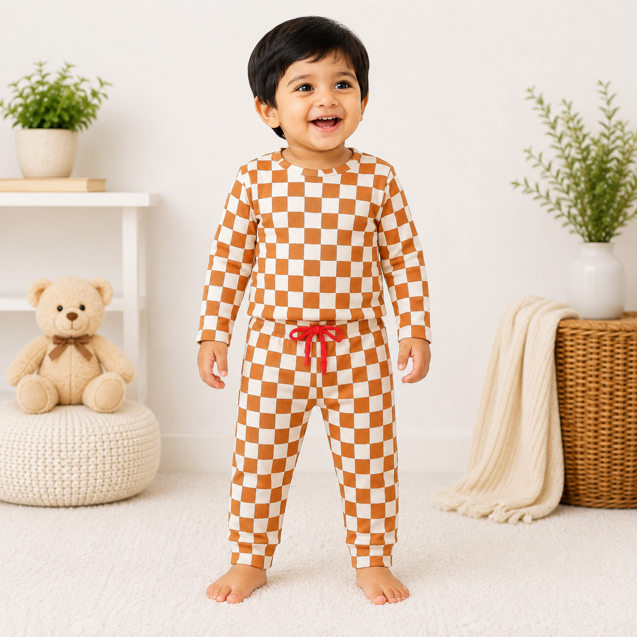Premium  Ribbed Full  sleeves Tshirt with Pant (Brown Cream Checks)