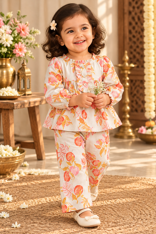 Girls Festive Cotton Printed Peter Pan Collar Co-ord Set (CR004)(Multicolored Fruits)