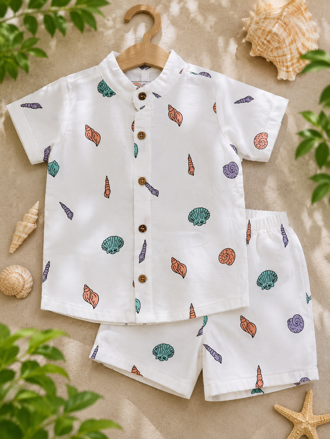 Airport - Kids Co-ord Set – Front Open Collar Shirt & Shorts ( White Conch)